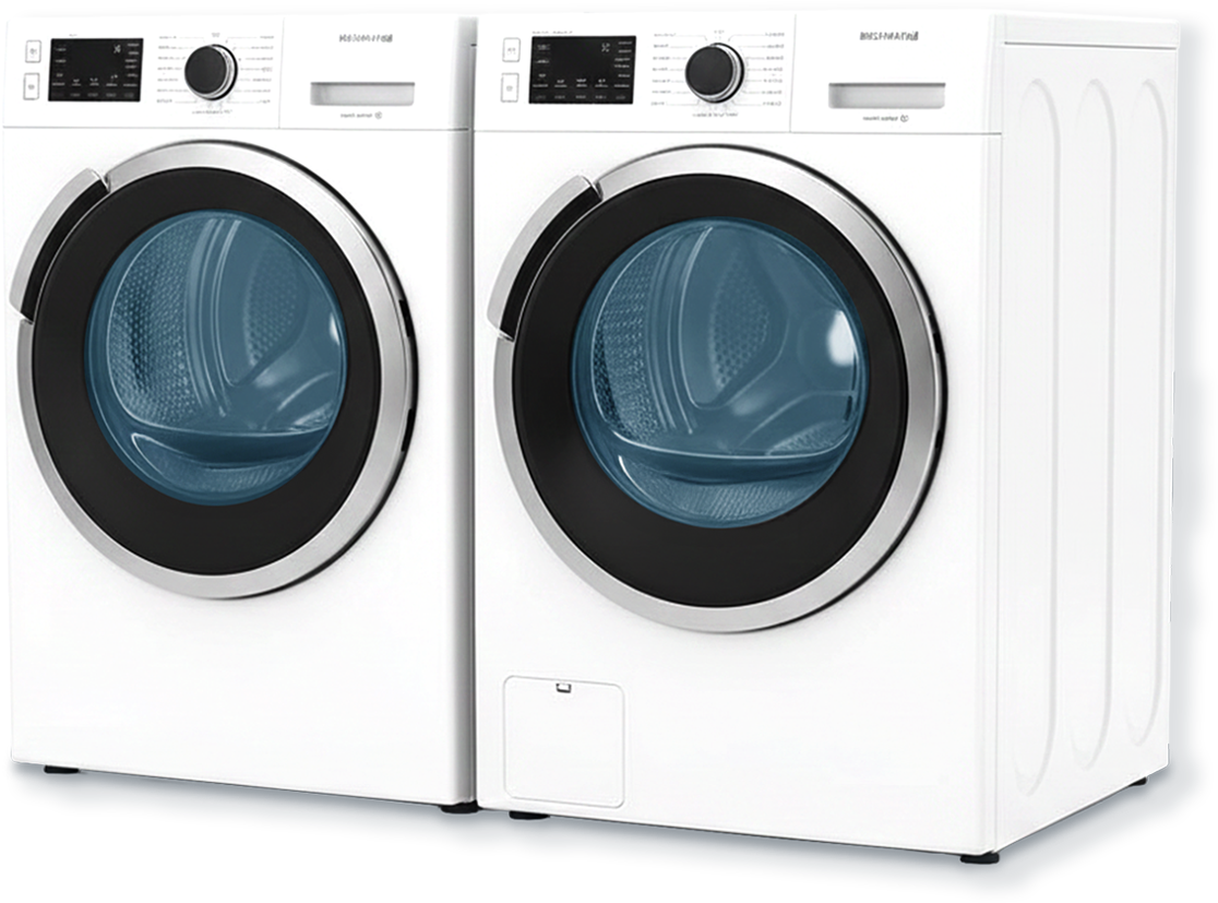 A pair of white front-loading washing machines side by side with digital control panels